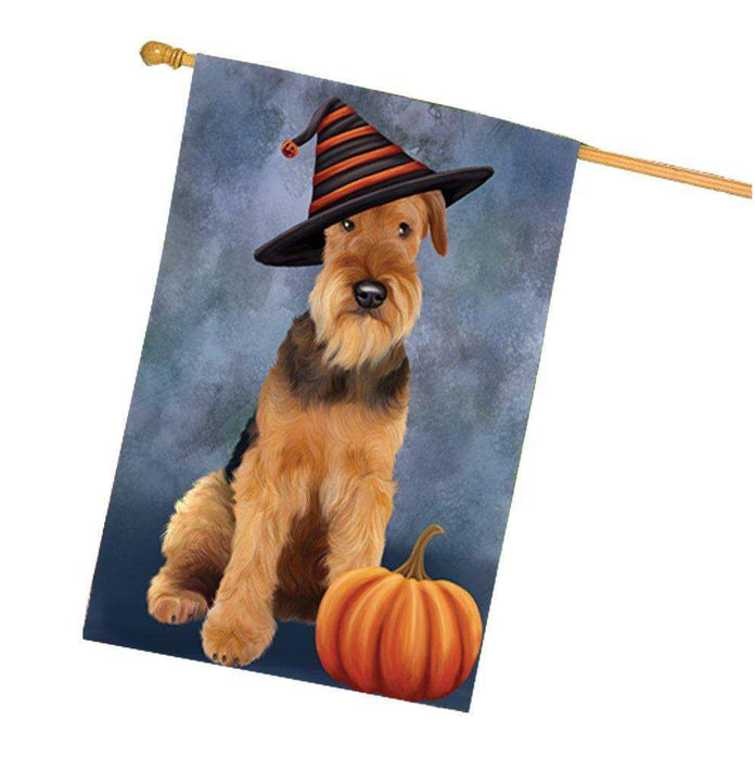 Happy Halloween Airedale Dog Wearing Witch Hat with Pumpkin House Flag