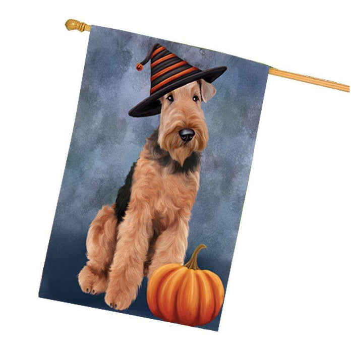 Happy Halloween Airedale Dog Wearing Witch Hat with Pumpkin House Flag