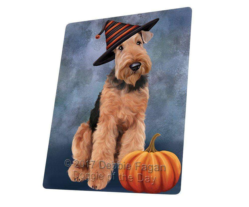 Happy Halloween Airedale Dog Wearing Witch Hat with Pumpkin Tempered Cutting Board
