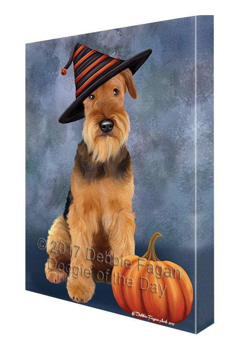 Happy Halloween Airedale Dog Wearing Witch Hat with Pumpkin Wall Art Canvas