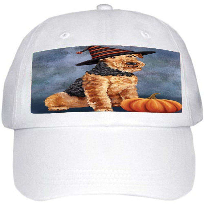 Happy Halloween Airedale Dog Wearing Witch Hat with Pumpkin Ball Hat Cap