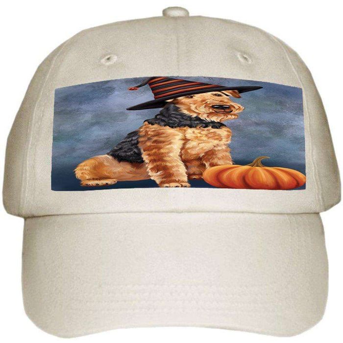 Happy Halloween Airedale Dog Wearing Witch Hat with Pumpkin Ball Hat Cap