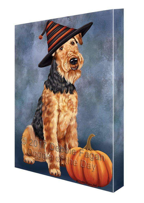 Happy Halloween Airedale Dog Wearing Witch Hat with Pumpkin Canvas Wall Art