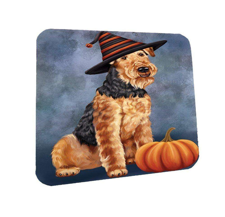 Happy Halloween Airedale Dog Wearing Witch Hat with Pumpkin Coasters Set of 4