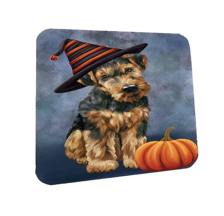 Happy Halloween Airedale Dog Wearing Witch Hat with Pumpkin Coasters Set of 4