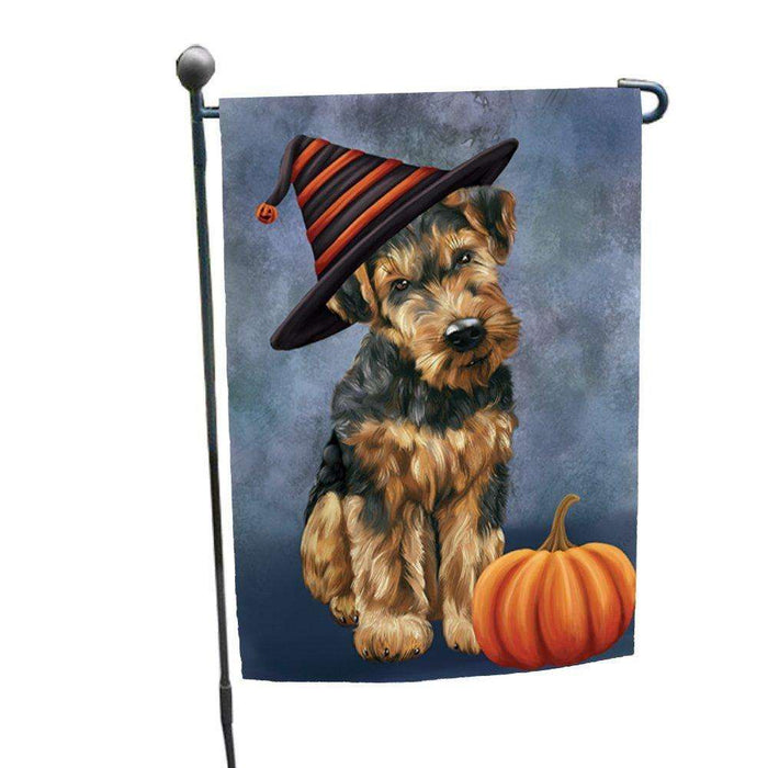 Happy Halloween Airedale Dog Wearing Witch Hat with Pumpkin Garden Flag