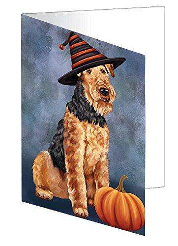 Happy Halloween Airedale Dog Wearing Witch Hat with Pumpkin Handmade Artwork Assorted Pets Greeting Cards and Note Cards with Envelopes for All Occasions and Holiday Seasons