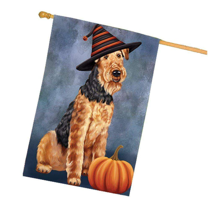 Happy Halloween Airedale Dog Wearing Witch Hat with Pumpkin House Flag