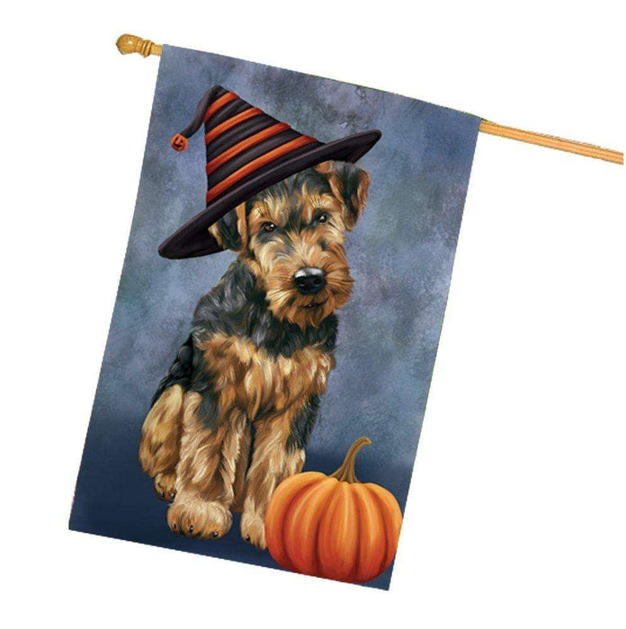 Happy Halloween Airedale Dog Wearing Witch Hat with Pumpkin House Flag