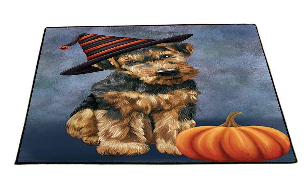 Happy Halloween Airedale Dog Wearing Witch Hat with Pumpkin Indoor/Outdoor Floormat