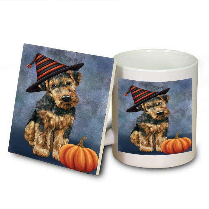 Happy Halloween Airedale Dog Wearing Witch Hat with Pumpkin Mug and Coaster Set