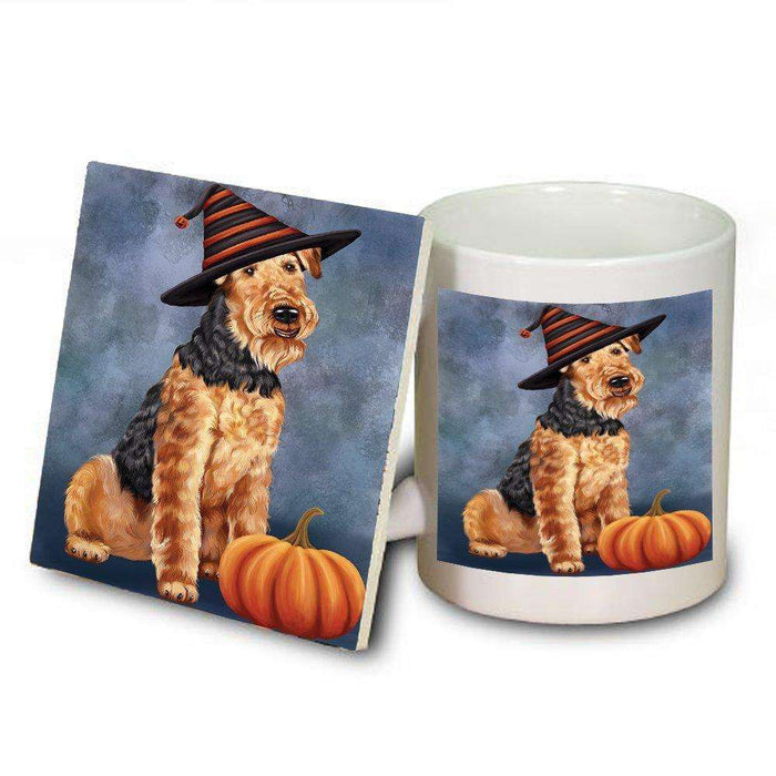 Happy Halloween Airedale Dog Wearing Witch Hat with Pumpkin Mug and Coaster Set