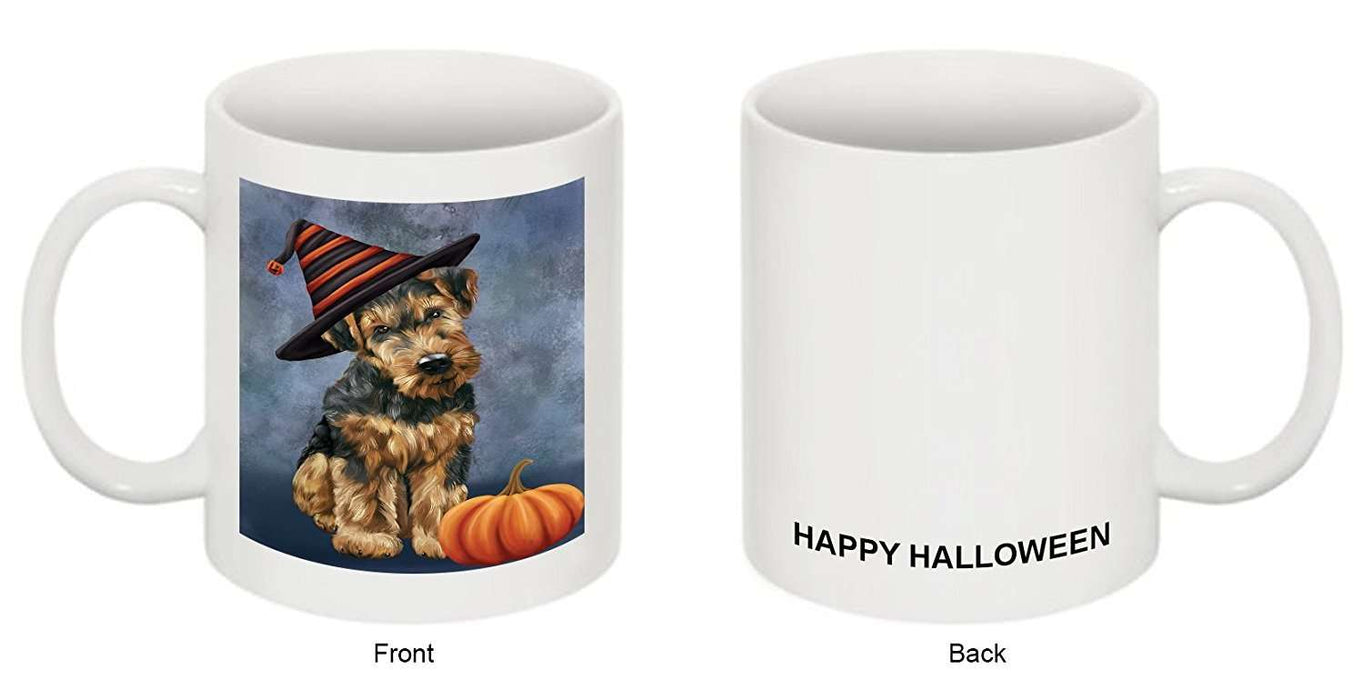 Happy Halloween Airedale Dog Wearing Witch Hat with Pumpkin Mug