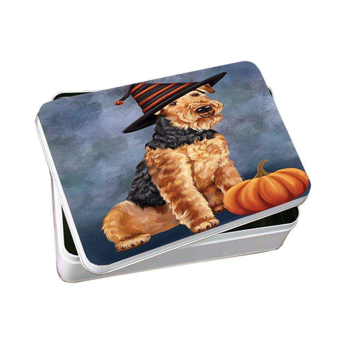 Happy Halloween Airedale Dog Wearing Witch Hat with Pumpkin Photo Storage Tin