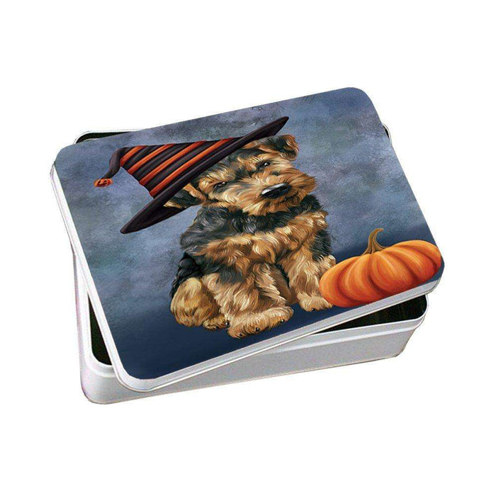 Happy Halloween Airedale Dog Wearing Witch Hat with Pumpkin Photo Storage Tin