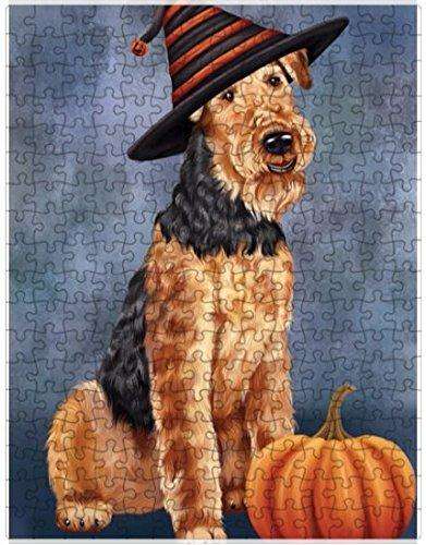 Happy Halloween Airedale Dog Wearing Witch Hat with Pumpkin Puzzle with Photo Tin (300 pc.)