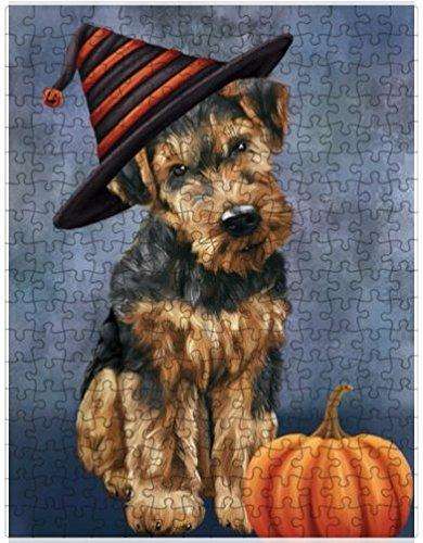 Happy Halloween Airedale Dog Wearing Witch Hat with Pumpkin Puzzle with Photo Tin