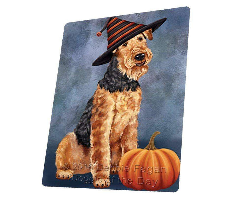 Happy Halloween Airedale Dog Wearing Witch Hat with Pumpkin Tempered Cutting Board