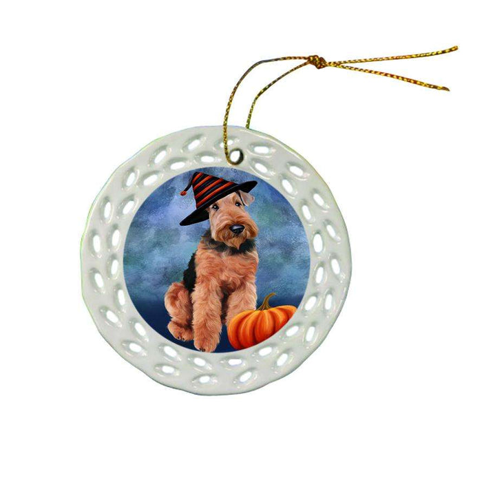 Happy Halloween Airedale Terrier Dog Wearing Witch Hat with Pumpkin Ceramic Doily Ornament DPOR55056
