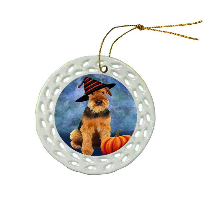 Happy Halloween Airedale Terrier Dog Wearing Witch Hat with Pumpkin Ceramic Doily Ornament DPOR55057