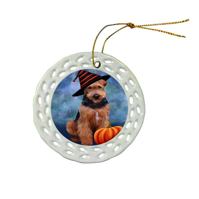 Happy Halloween Airedale Terrier Dog Wearing Witch Hat with Pumpkin Ceramic Doily Ornament DPOR55058
