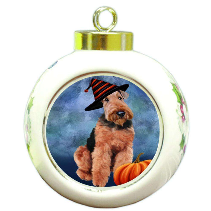 Happy Halloween Airedale Terrier Dog Wearing Witch Hat with Pumpkin Round Ball Christmas Ornament RBPOR55056
