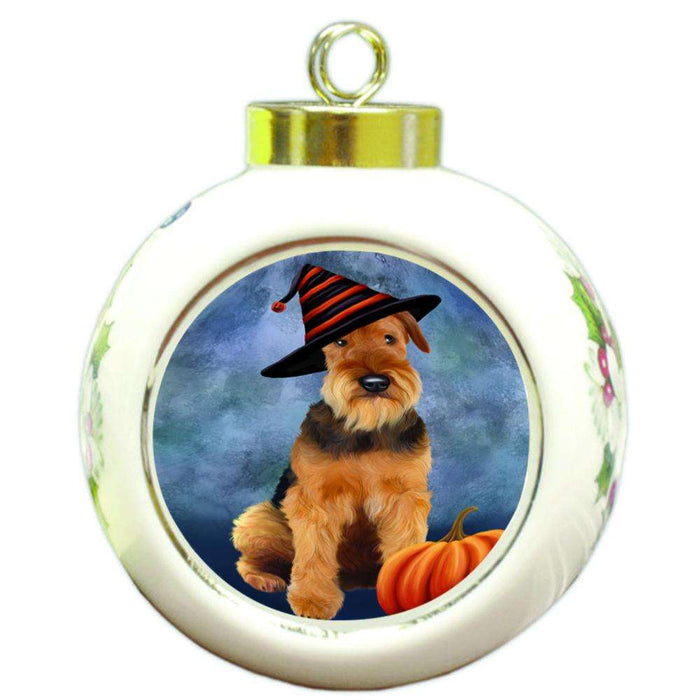 Happy Halloween Airedale Terrier Dog Wearing Witch Hat with Pumpkin Round Ball Christmas Ornament RBPOR55057