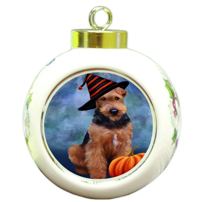 Happy Halloween Airedale Terrier Dog Wearing Witch Hat with Pumpkin Round Ball Christmas Ornament RBPOR55058