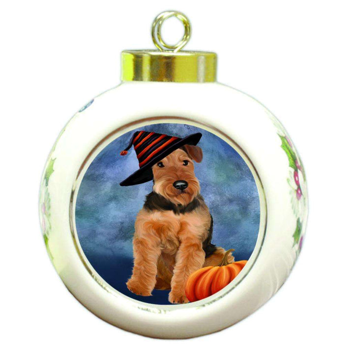 Happy Halloween Airedale Terrier Dog Wearing Witch Hat with Pumpkin Round Ball Christmas Ornament RBPOR55059