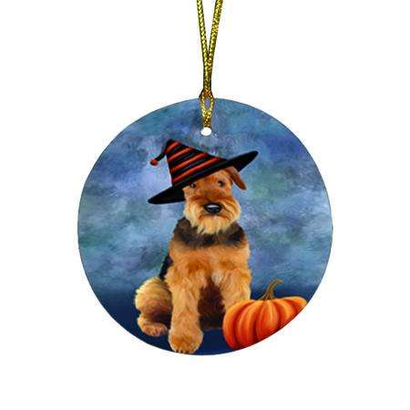 Happy Halloween Airedale Terrier Dog Wearing Witch Hat with Pumpkin Round Flat Christmas Ornament RFPOR55048