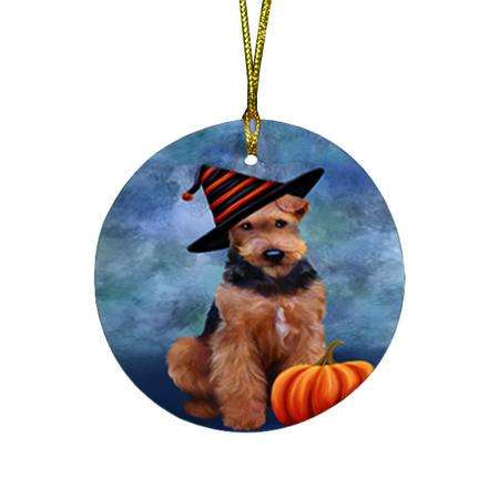 Happy Halloween Airedale Terrier Dog Wearing Witch Hat with Pumpkin Round Flat Christmas Ornament RFPOR55049