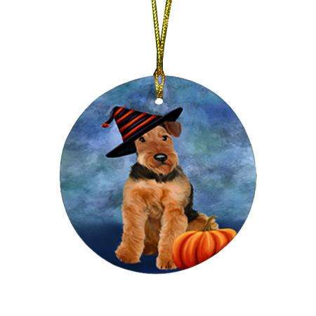 Happy Halloween Airedale Terrier Dog Wearing Witch Hat with Pumpkin Round Flat Christmas Ornament RFPOR55050