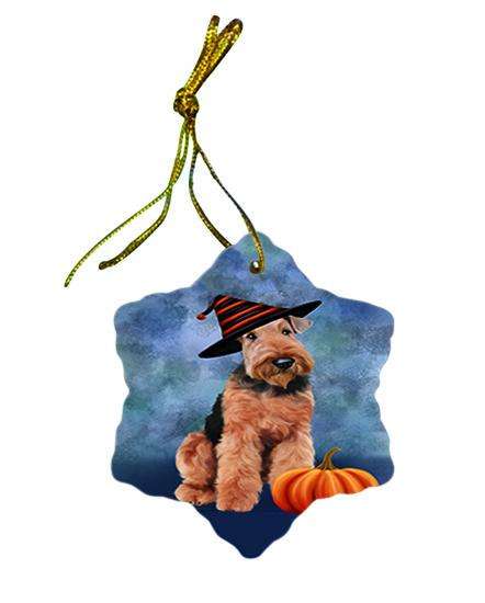 Happy Halloween Airedale Terrier Dog Wearing Witch Hat with Pumpkin Star Porcelain Ornament SPOR55047