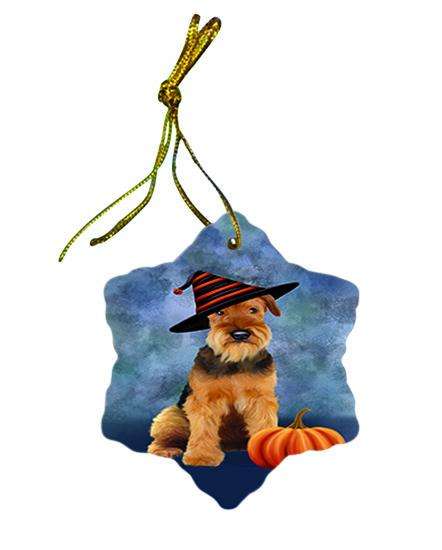 Happy Halloween Airedale Terrier Dog Wearing Witch Hat with Pumpkin Star Porcelain Ornament SPOR55048