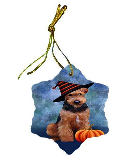Happy Halloween Airedale Terrier Dog Wearing Witch Hat with Pumpkin Star Porcelain Ornament SPOR55049