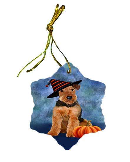 Happy Halloween Airedale Terrier Dog Wearing Witch Hat with Pumpkin Star Porcelain Ornament SPOR55050