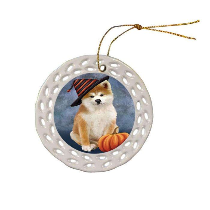 Happy Halloween Akita Dog Wearing Witch Hat with Pumpkin Ceramic Doily Ornament DPOR54837