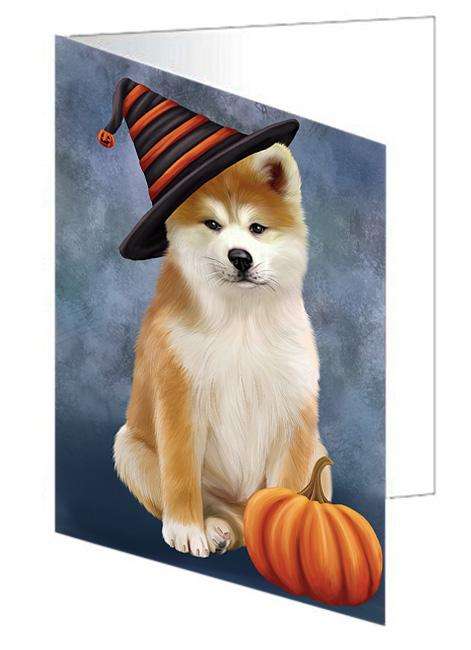 Happy Halloween Akita Dog Wearing Witch Hat with Pumpkin Handmade Artwork Assorted Pets Greeting Cards and Note Cards with Envelopes for All Occasions and Holiday Seasons GCD68540