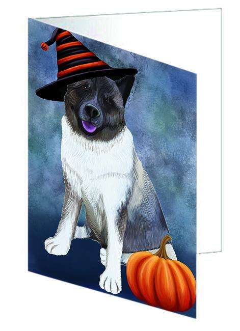 Happy Halloween Akita Dog Wearing Witch Hat with Pumpkin Handmade Artwork Assorted Pets Greeting Cards and Note Cards with Envelopes for All Occasions and Holiday Seasons GCD68765