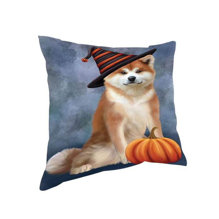 Happy Halloween Akita Dog Wearing Witch Hat with Pumpkin Pillow PIL75968