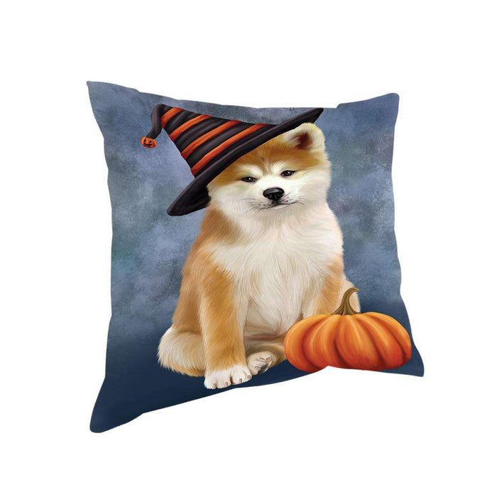 Happy Halloween Akita Dog Wearing Witch Hat with Pumpkin Pillow PIL75972