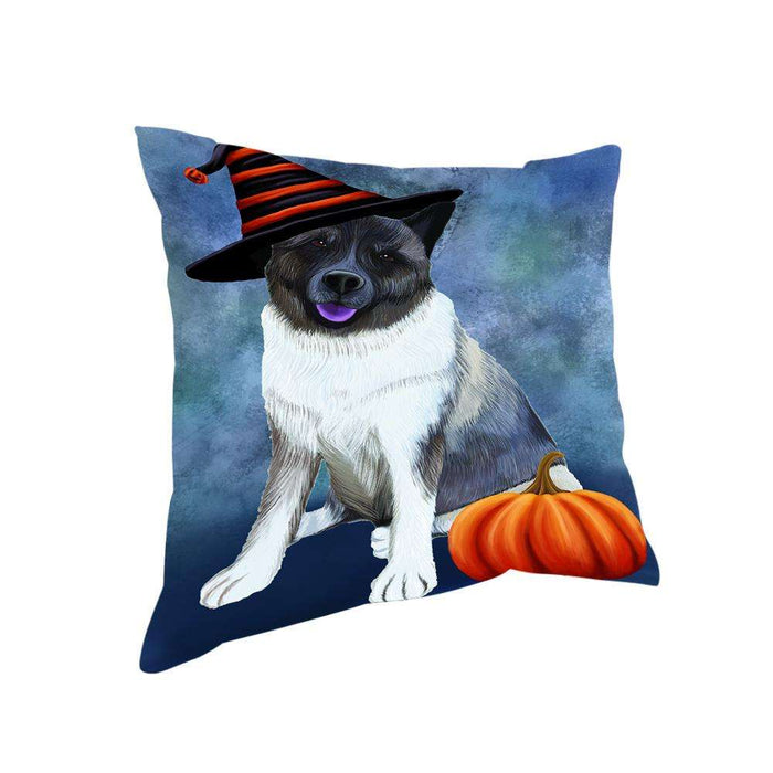 Happy Halloween Akita Dog Wearing Witch Hat with Pumpkin Pillow PIL76272