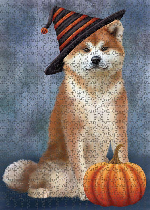 Happy Halloween Akita Dog Wearing Witch Hat with Pumpkin Puzzle with Photo Tin PUZL86500