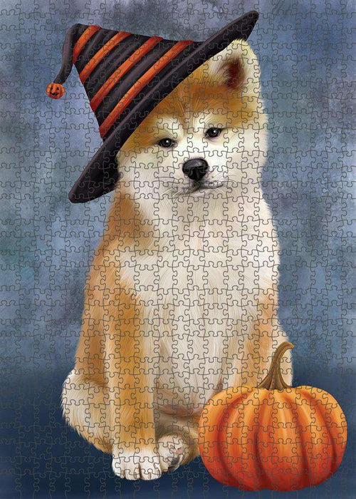 Happy Halloween Akita Dog Wearing Witch Hat with Pumpkin Puzzle with Photo Tin PUZL86504
