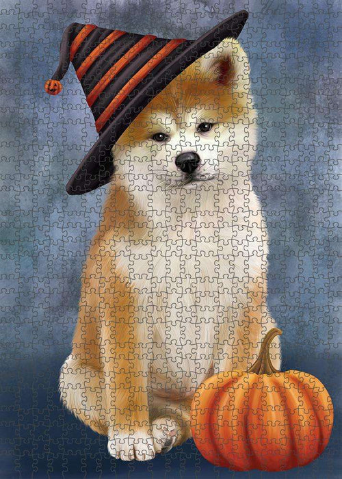 Happy Halloween Akita Dog Wearing Witch Hat with Pumpkin Puzzle  PUZL86504