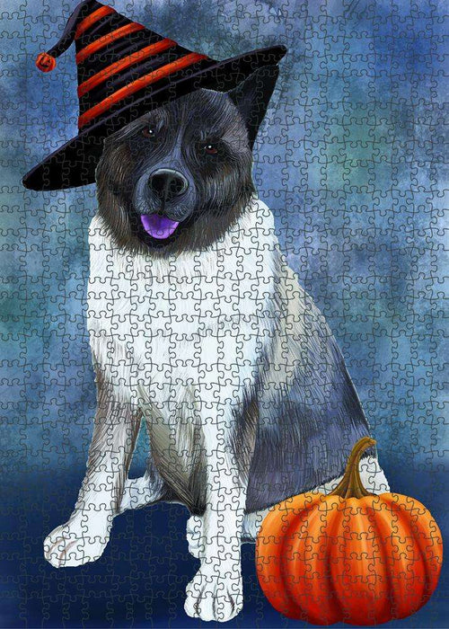 Happy Halloween Akita Dog Wearing Witch Hat with Pumpkin Puzzle  PUZL87080