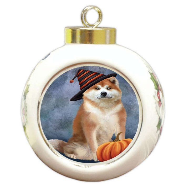 Happy Halloween Akita Dog Wearing Witch Hat with Pumpkin Round Ball Christmas Ornament RBPOR54836