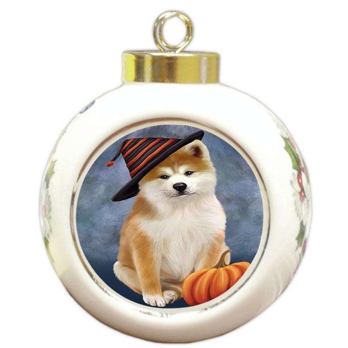 Happy Halloween Akita Dog Wearing Witch Hat with Pumpkin Round Ball Christmas Ornament RBPOR54837