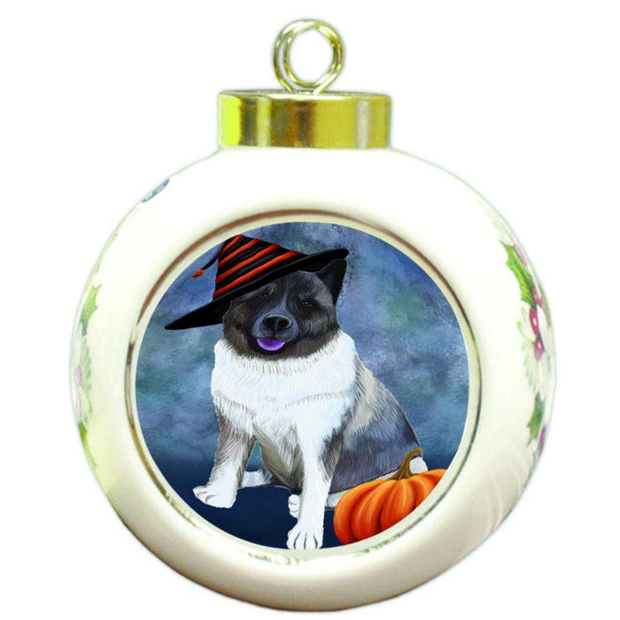 Happy Halloween Akita Dog Wearing Witch Hat with Pumpkin Round Ball Christmas Ornament RBPOR55040
