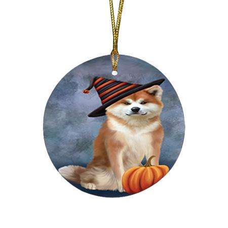 Happy Halloween Akita Dog Wearing Witch Hat with Pumpkin Round Flat Christmas Ornament RFPOR54827